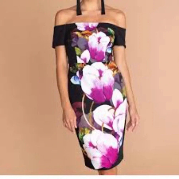 Trina Turk Bold Black Purple Floral Off Shoulder Dress Size 8 - Picture 1 of 12